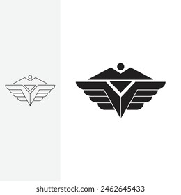 winged mountain logo, uniquely visualized. monoline style and silhouette stylish.