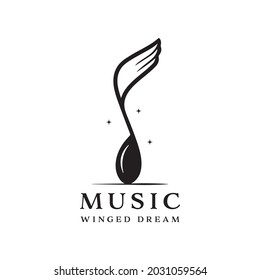 winged music notation logo isolated on white background. combination of musical notation and wings