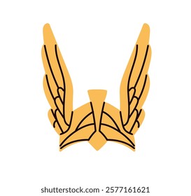 Winged Norse helmet. Golden headwear of old ancient god, antique warrior. Gold ornate Nordic Scandinavian myth symbol, headgear. Flat graphic vector illustration isolated on white background