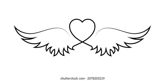 Winged nubes. Winged heart line icon. Heart with wings black line icon isolated on white background. Love and romance concept. Valentine's day. Vector graphic. EPS 10