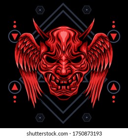 Winged Oni Mask Sacred Geometry. Perfect for t-shirt/apparel, merchandise, pin design, etc