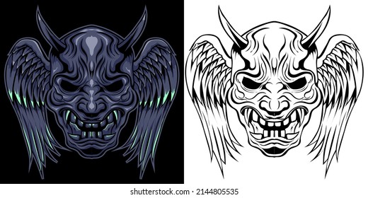 winged oni mask vector illustration in neon color style