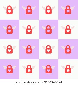 Winged padlock pattern with heart in the middle on white and pink checkered squares
