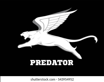 Winged panther. Leaping cougar. Flying tiger symbol in flat style, white body and wings with caption Predator.