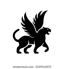 winged panther predator - fierce big cat with wings black and white vector design