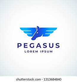 Winged Pegasus Absrtract Vector Sign, Symbol or Logo Template. Stylized Horse Head with Two Wings Silhouette Emblem with Modern Typography. Isolated.