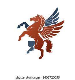 Winged Pegasus ancient emblem animal element. Heraldic vector design element. Retro style label, heraldry logo.