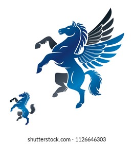 Winged Pegasus and Horse ancient emblems elements set. Heraldic vector design elements collection. Retro style label, heraldry logo.
