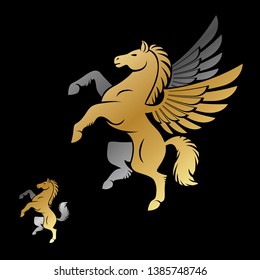 Winged Pegasus and Horse ancient emblems elements set. Heraldic vector design elements collection. Retro style label, heraldry logo.