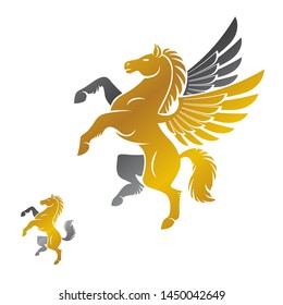 Winged Pegasus and Horse ancient emblems elements set. Heraldic vector design elements collection. Retro style label, heraldry logo.