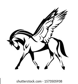 winged pegasus horse side view outline - greek mythology inspiration symbol black and white vector design