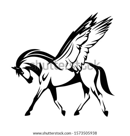 winged pegasus horse side view outline - greek mythology inspiration symbol black and white vector design