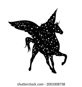 winged pegasus horse silhouette and starry night sky - greek mythology inspiration symbol black and white vector design