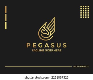 Winged Pegasus logo vector illustration in gold color. Stylized Pegasus mythical creature silhouette, winged horse logo vector