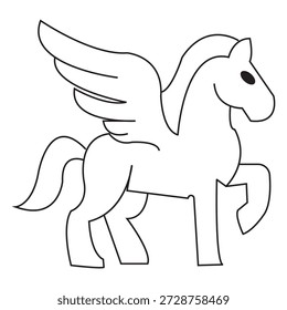 Pegasus alado esboça ilustração de criatura mítica. Arte de linha mínima de um Pégaso alado em contorno vermelho, representando mitologia, criaturas de fantasia e lendas antigas em estilo vetorial limpo.EPS10AI.

