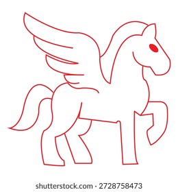 Flügelige Pegasus umreißen mythische Kreaturendarstellung. Minimale Linienkunst eines geflügelten Pegasus in rotem Umriss, der Mythologie, Fantasiewesen und alte Legenden im klaren Vektorstil darstellt.EPS10AI.

