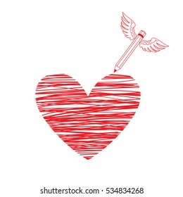 Winged pencil draws a heart. Perfect illustration for Valentine's day