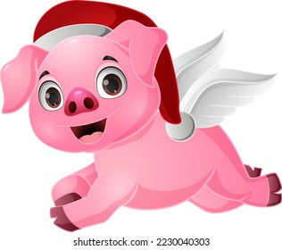 Winged pig wearing cute cartoon santa hat flying