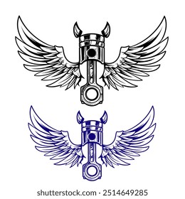 Winged piston motorcycle, isolated racing symbol monochrome color tattoo. Vector vintage bike club icon, car piston with wings for apparel and merchandise Championship or tournament on racing design