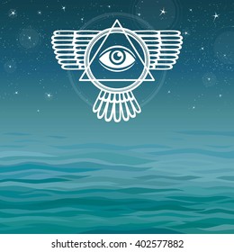  Winged pyramid. Knowledge eye. Bermuda Triangle. Mystical symbol on a sea background.