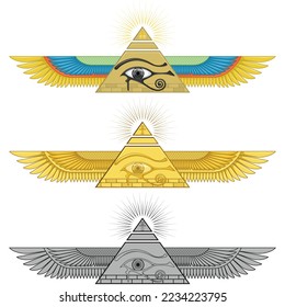 Winged pyramid vector design with eye of horus, ancient egyptian pyramid with wings, winged pyramid, eye of horus, ankh cross