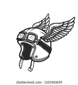 Winged racer helmet on white background. Design element for logo, label, emblem, sign. Vector image