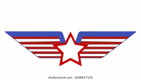Estrelas aladas vermelhas e azuis representam liberdade e movimento. Perfeito para temas de aviação, arte patriótica e composições de emblema arrojadas.