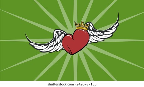 winged red heart tattoo sticker, background card illustration in vector format