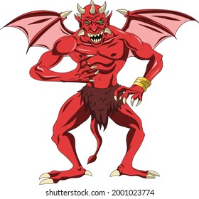 Un demonio de cuerno rojo alado. Un demonio de tipo ogro menos clasificado en un taparrabo. Dibujo al estilo de la caricatura.