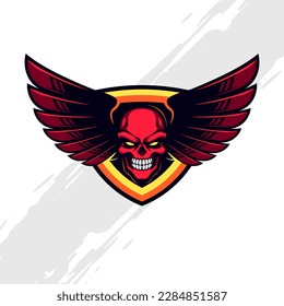 Winged Red Skull with Golden Shield Insignia Mascot Logo