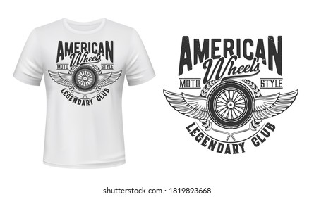 Impresión vectorial de camisetas de la rueda del coche retro alado. Volante retro de alambre o suspensión para automóviles, alas y laurel, ilustración retro y tipografía retro. Plantilla de impresión de ropa del club de fans de los autos estadounidenses