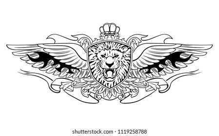 Winged Roaring Lion Head on Shield Emblem