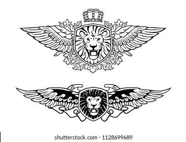 Cabeza de León Rojo Ausente sobre los emblemas Escudo. Blanco y negro. Transparente.