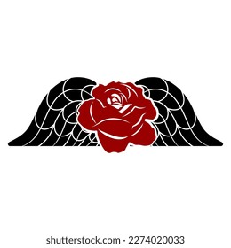 Winged rose. Black and red silhouette on white background. Romantic Goth symbol.