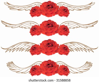 Winged Rose : Conjunto de rosas rojas realistas con fondo de ala de ángel.