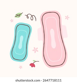 Almofadas sanitárias aladas e forros de calcinha. Ilustração de produtos sanitários descartáveis para mulheres.