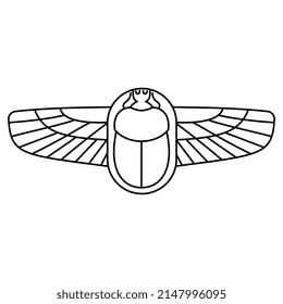 Winged scarab. Ancient Egyptian sacred symbol. Black and white linear silhouette.