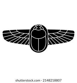 Winged scarab. Ancient Egyptian sacred symbol. Black and white negative silhouette.