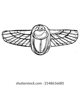 Winged scarab. Ancient Egyptian sacred symbol. Hand drawn linear doodle rough sketch. Black silhouette on white background.