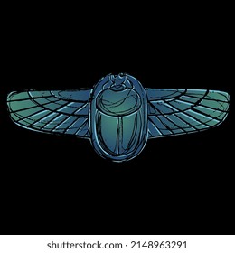 Winged scarab. Ancient Egyptian sacred symbol. Hand drawn colorful rough sketch. Blue and green shape on black background.