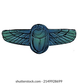 Winged scarab. Ancient Egyptian sacred symbol. Hand drawn colorful rough sketch.