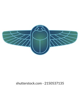 Winged scarab. Ancient Egyptian sacred symbol. Blue and green shape on white background.