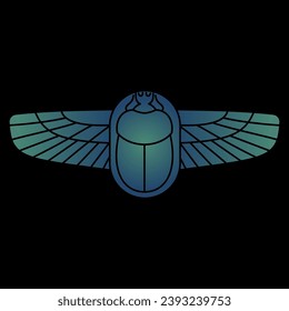 Winged scarab. Ancient Egyptian sacred symbol. Blue and green shape on black background.