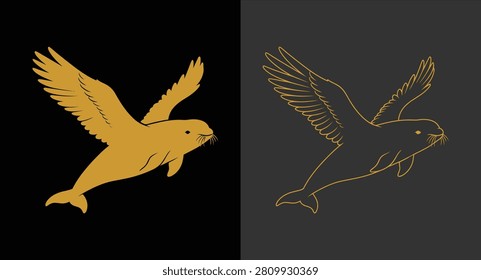 Winged seal fantasy creature gold graphic with creature mythical illustration