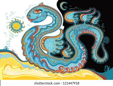 Winged serpent. Fantastic illustration of the winged serpent against the day and night.