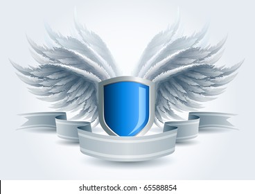 Winged shield banner. Security concept. Elements are layered separately in vector file. Easy editable.