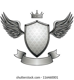 Winged shield with blank ribbon, classic style vector emblem.