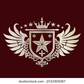 winged shield with star crown and laurel wreath gold logo