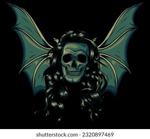 A winged skull bat or dragon wings on black background vector illustration hand draw