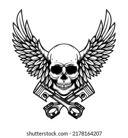 Winged skull with crossed pistons. Design element for emblem, sign, badge, logo. Vector illustration